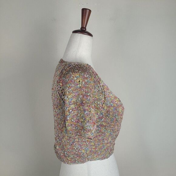 Cecile Benac Sweater Womens Large Colorful Metallic Hand Knit Crop Boho Cardigan - Picture 2 of 9
